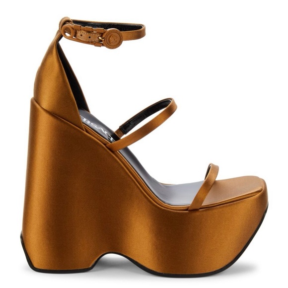 Versace Chic Satin Platform Wedge Sandals Copper